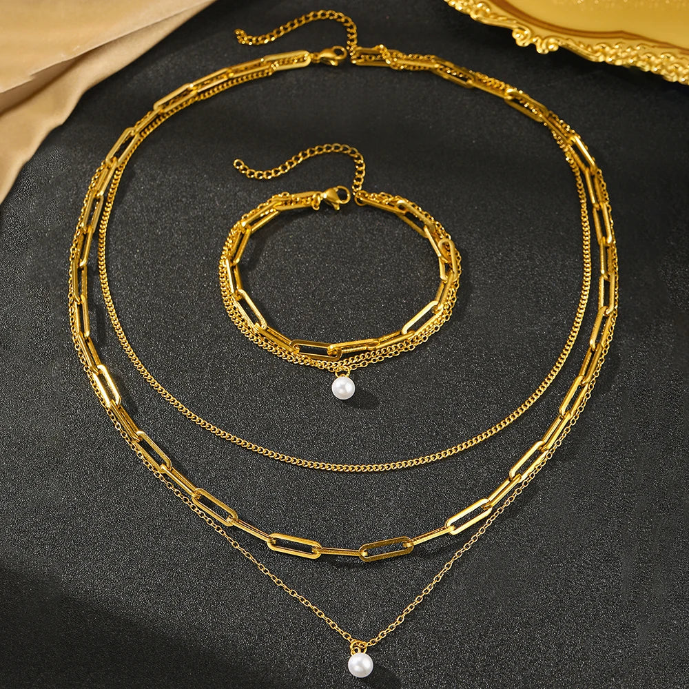 Elegant Delicate Pearl Pendant Luxury Multi-Layer Gold Silver Women Necklace Bracelet Jewelry Set