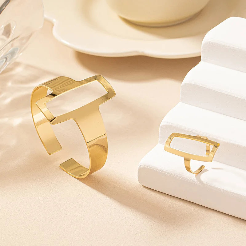 2Pcs/Set Trendy Minimalist Geometric Square Jewelry Hollowed Out Ring Bracelet Jewelry Set Gift