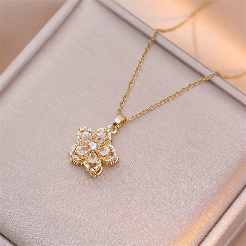 Exquisite Rotating Flower Shiny Zircon Pendant Charm Gold Clavicle Women Chain Choker Necklace Gifts