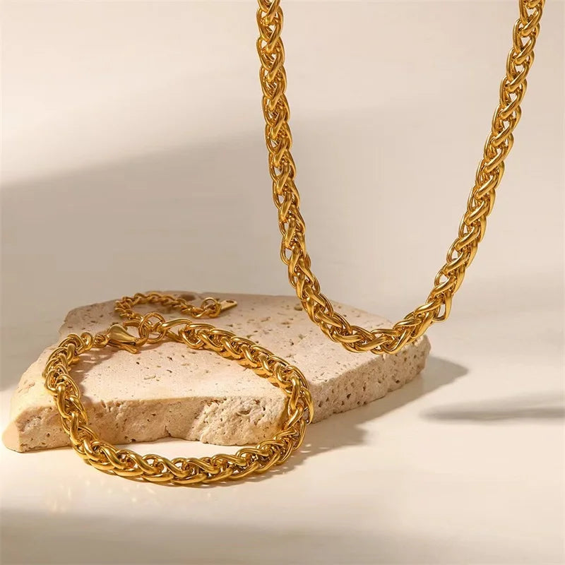 Gold Chains Necklace Bracelet Jewelry Set Women Collar Bijoux Gift