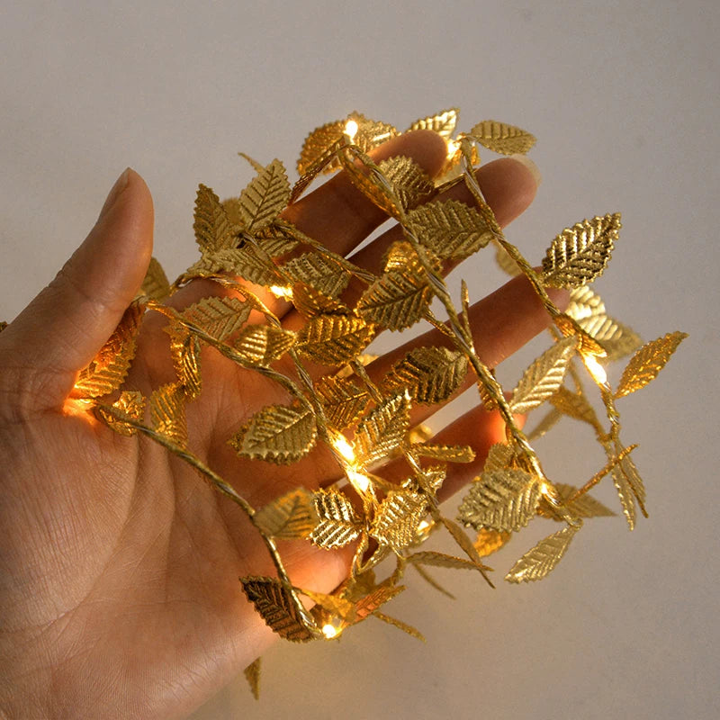 2M 20LED Gold Leaves Artificial Plant String Lights Christmas Birthday Party Home Garden Decoration