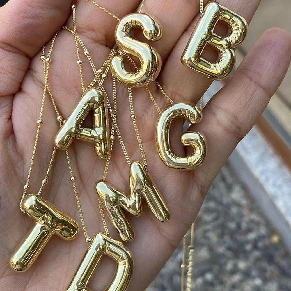 Delicate Chunky Alphabet Balloon Bubble Initial Letter Pendant Women Gold Stainless Steel Necklaces