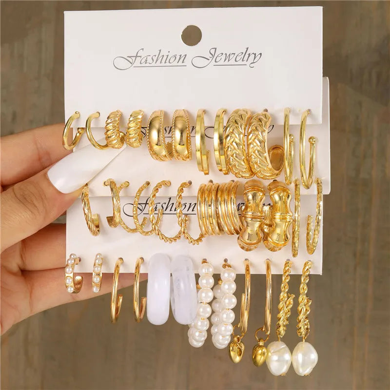 Boho Big Circle Hoop Earring Set Women Gold Vintage Pearl Earring Heart Zircon Ear Stud Jewelry Gift