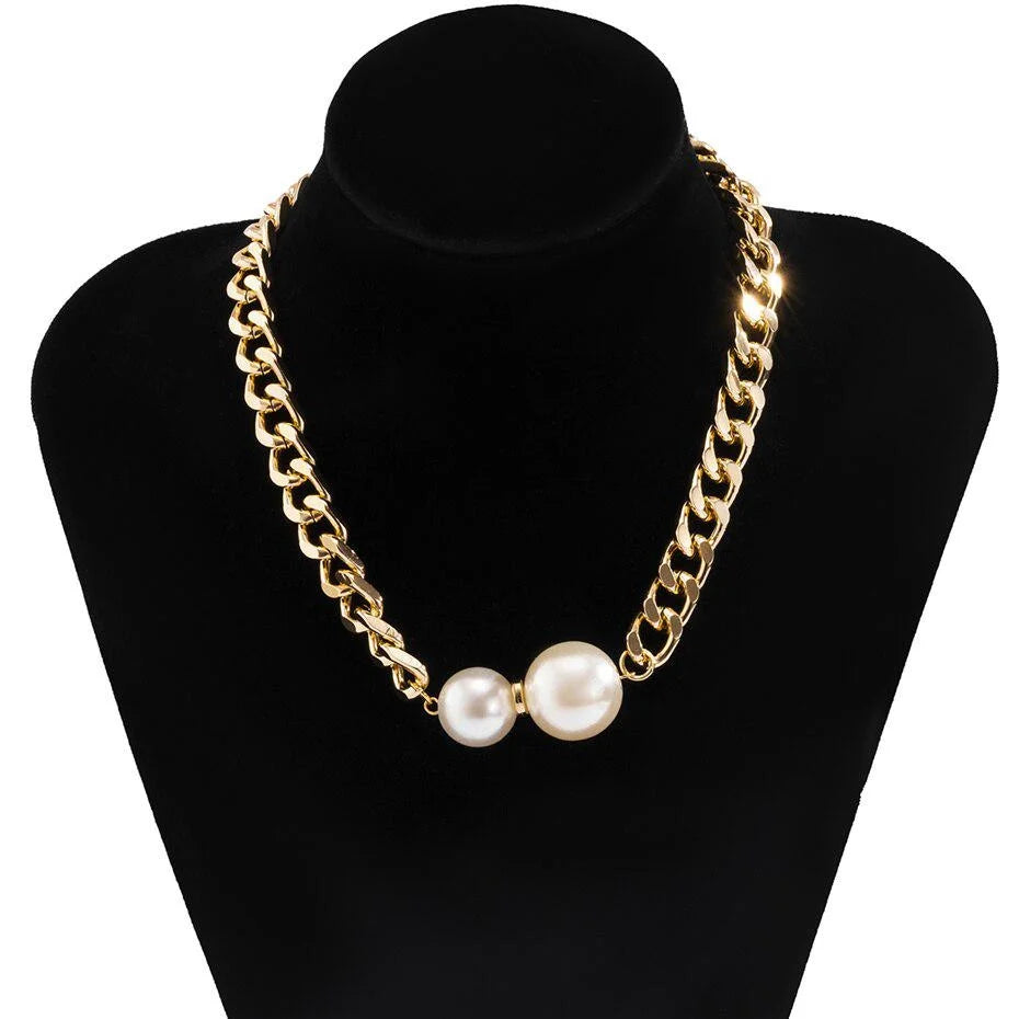 Korean Fashion Smooth Cuban Round Pearl Pendant Chain Gold Women Necklace Choker Jewelry Gift