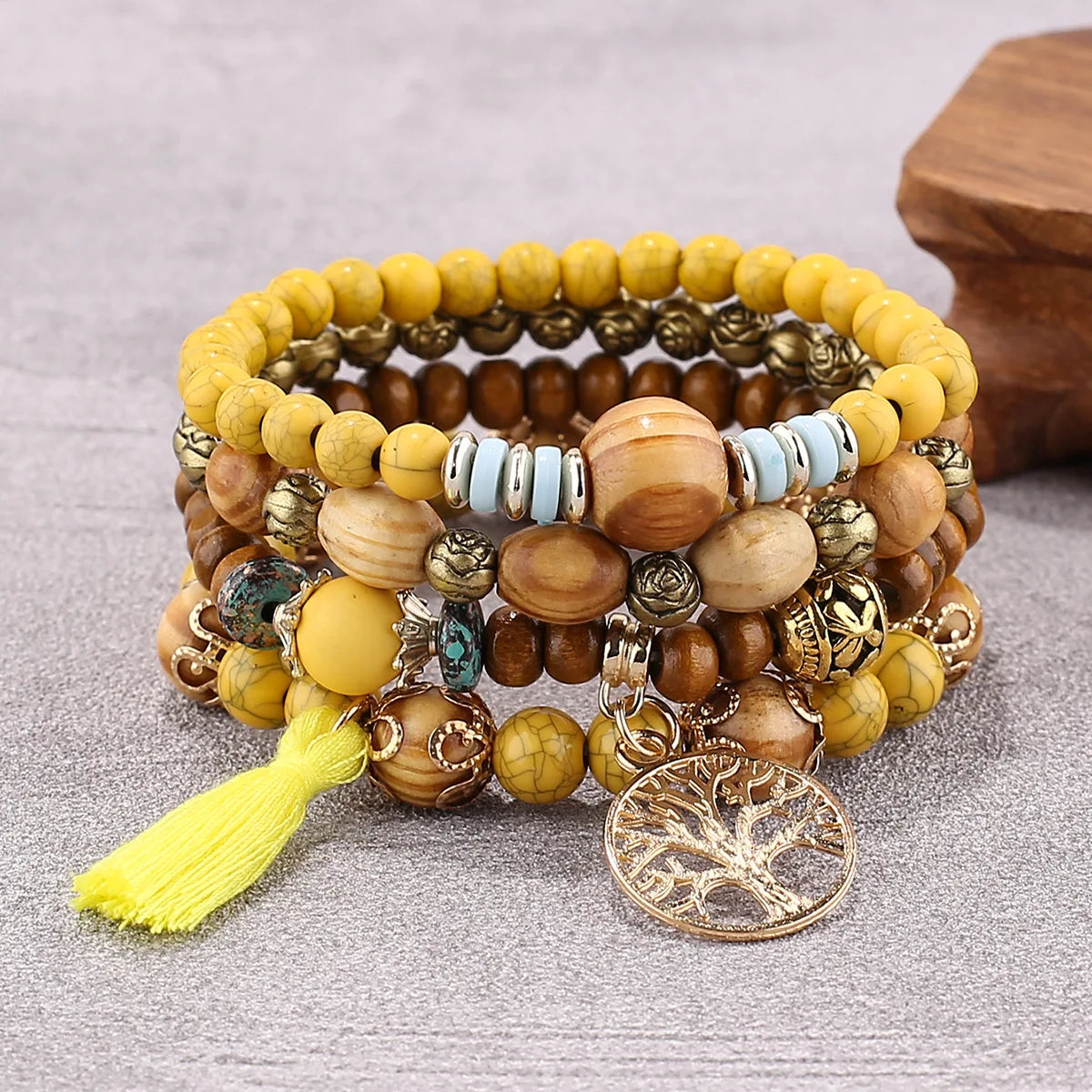 4pcs/Set Bohemia Tree Of Life White Tassel Charm Elastic Chain Wooden Beaded Women Bracelet Set Gift