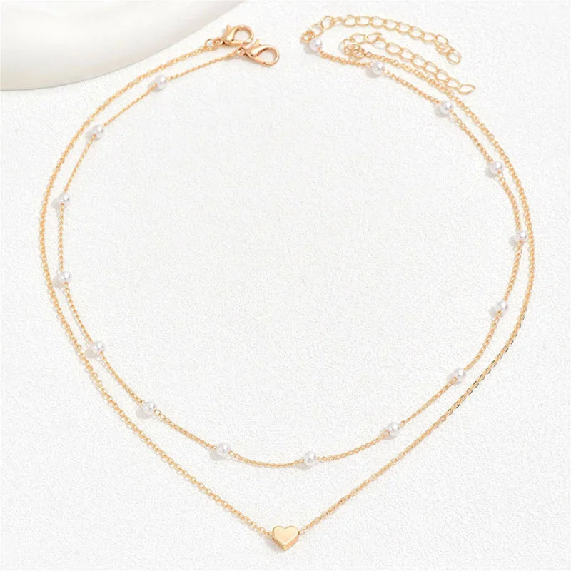 Simple Pearl Choker Women Fashion Double Layer Chain Small Love Heart Pendant Necklace Fall Jewelry