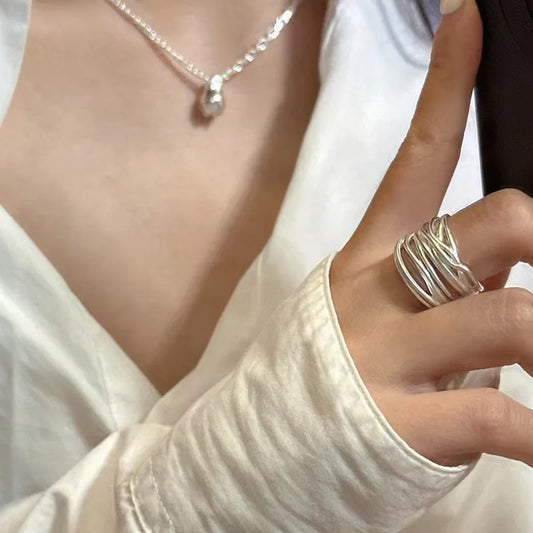 Women Fashion Geometric Handmade Irregular Lines Silver Color Sterling Rings Christmas Fall Gift