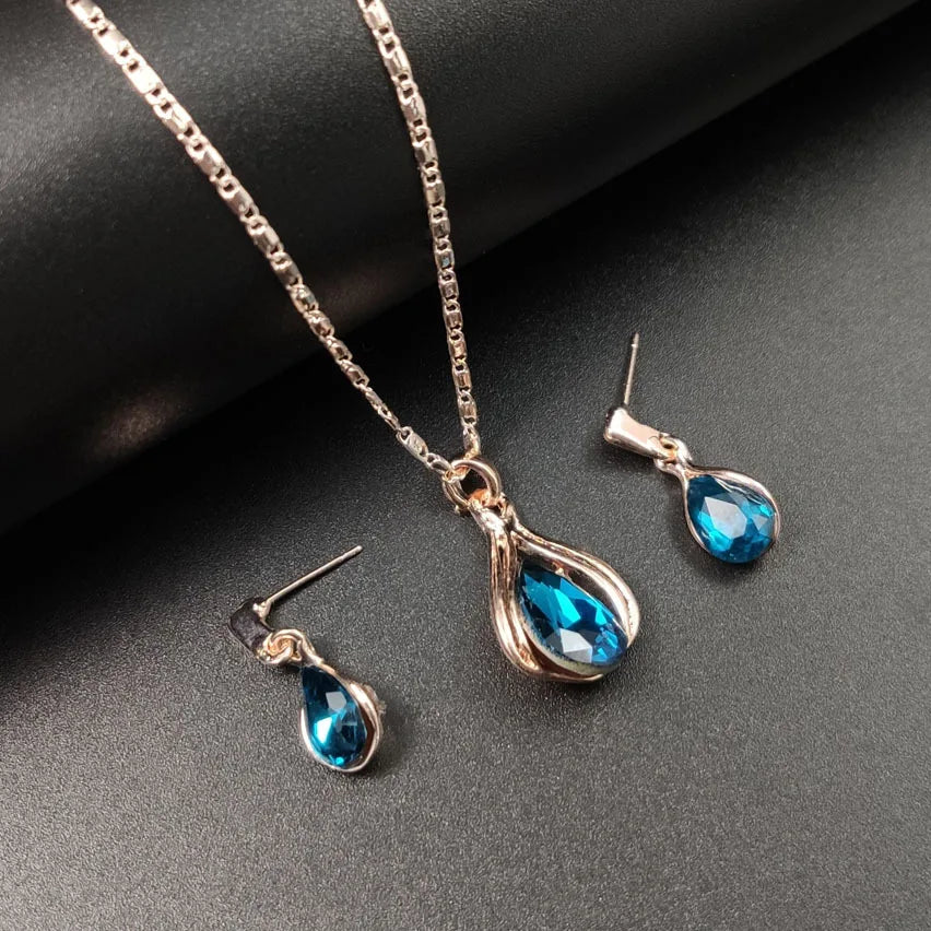 Fashion European American Zhihai Creative Geometric Blue Green Water Drop Women Earring Necklace Set