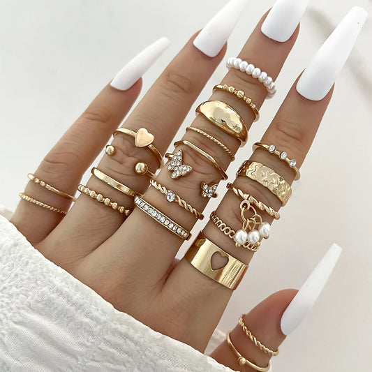 Fashion Simple Wave Joint Crystal Heart Shape Gold Silver Female Women Rings Set Party Jewelry Gifts