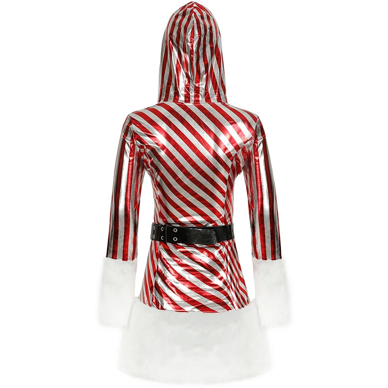 Women Christmas Hooded Dress 3pcs/Set Up Velvet Striped Mrs Claus Santa Xmas Party Cosplay Costume