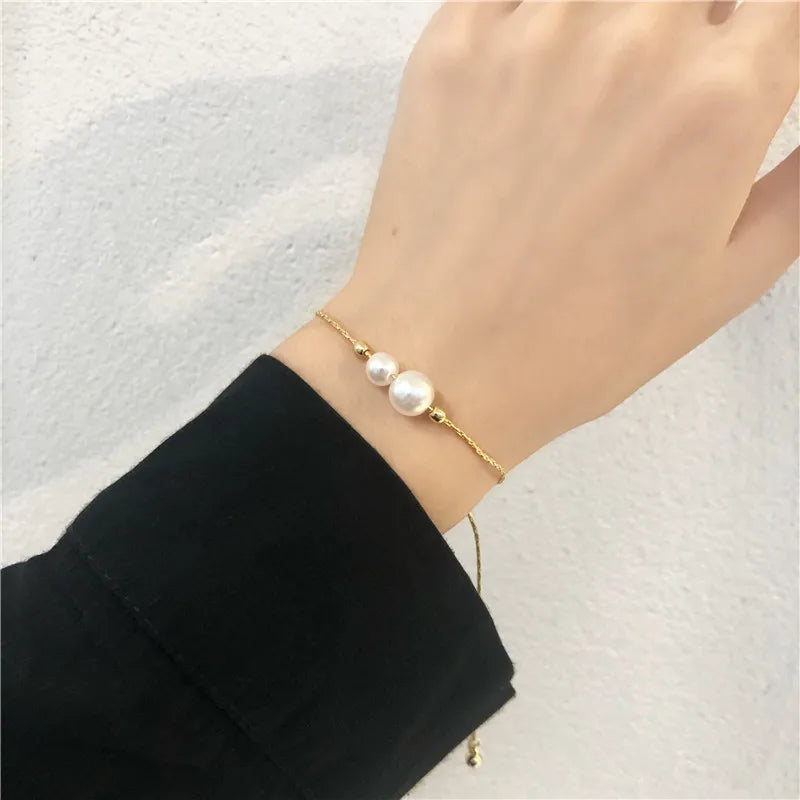 Elegant Pearl Pendent Women Girls Simple Stainless Steel Chain Adjustable Bracelets Fall Jewelry