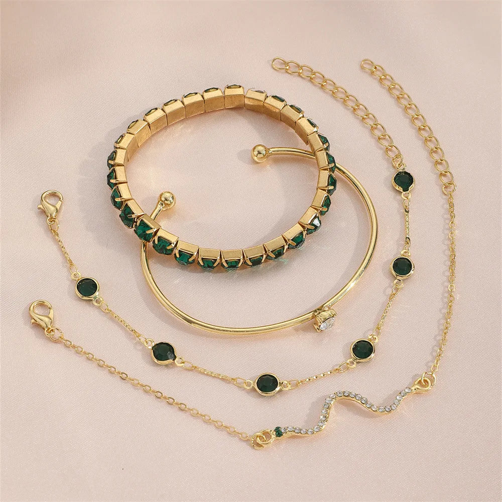 4pcs Fashion Snake Green Gemstone Rhinestone Full Metal Women Bangle Bracelet Christmas Jewelry Gift