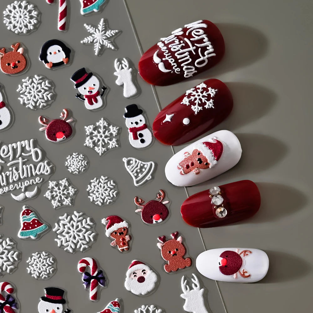 Christmas 8*10cm 5D Embossed Snowman Snowflakes Cartoon Santa Claus Elk Nail Art Stickers DIY Decal