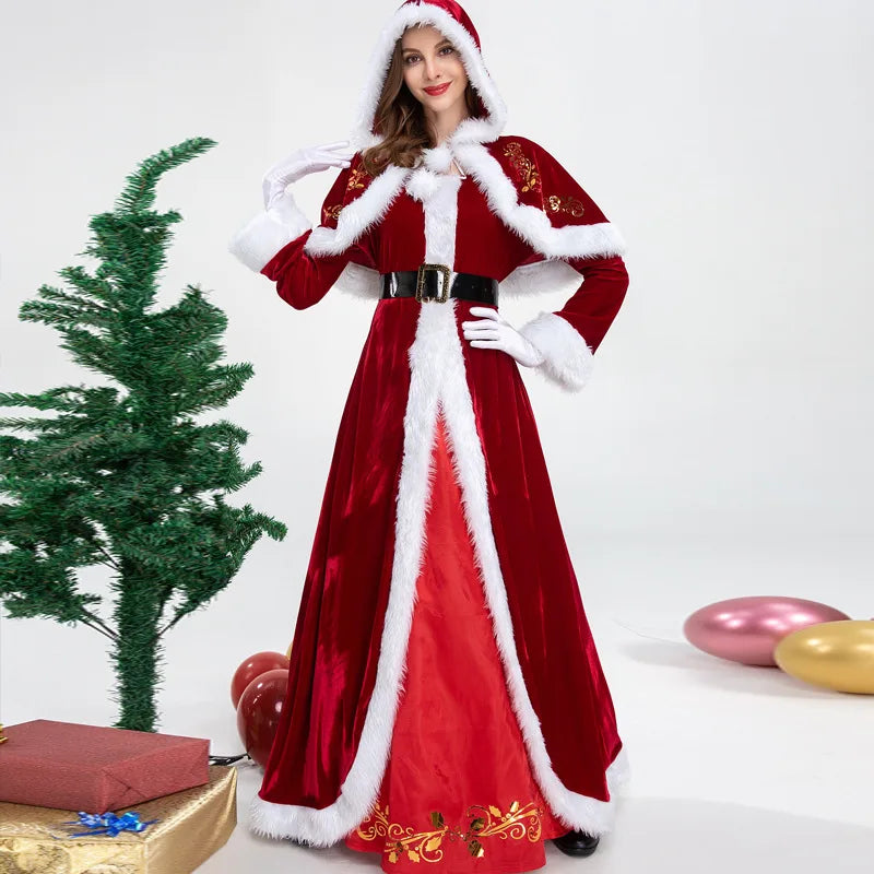 Deluxe Classic Mrs. Claus Christmas Costume Xmas Party Santa Claus Cosplay Women Red Dress Christmas