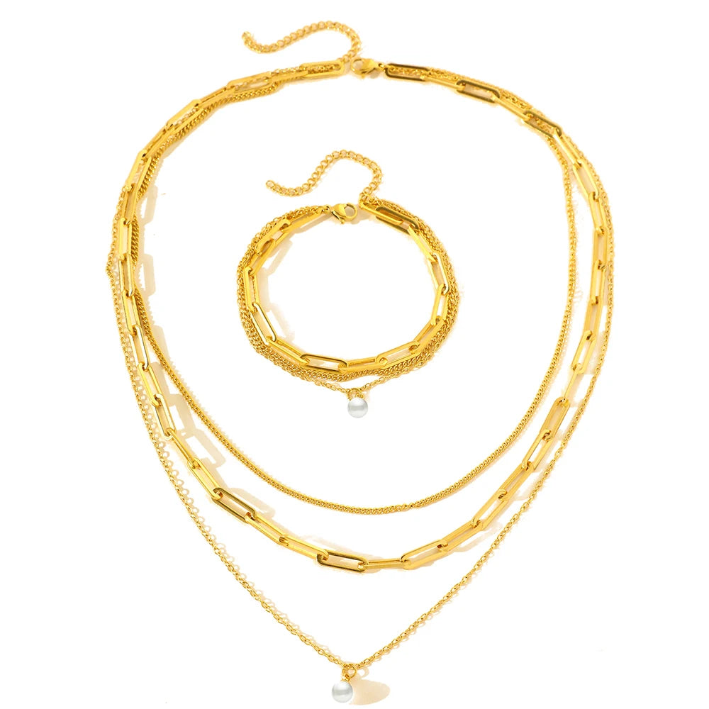 Elegant Delicate Pearl Pendant Luxury Multi-Layer Gold Silver Women Necklace Bracelet Jewelry Set