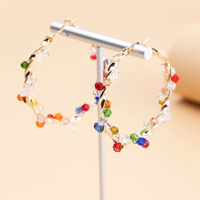 Bohemian Random Colorful Crystal New Fashion Big Round Circle Statement Gold Women Hoop Earrings