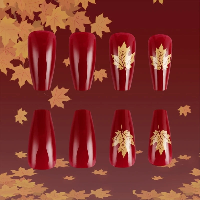 24pcs Short Square Maple Leaf Red Gold Fall Women Press on Nails