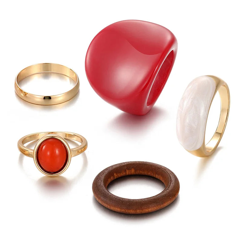 Retro Geometric Red Green Brown Resin Pink Enamel Gold Woman Rings Set Jewelry Gifts