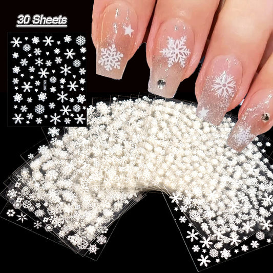 30 Sheets Christmas Nail Art Stickers Self Adhesive 3D White Snowflake Nail Decals Manicure Stickers