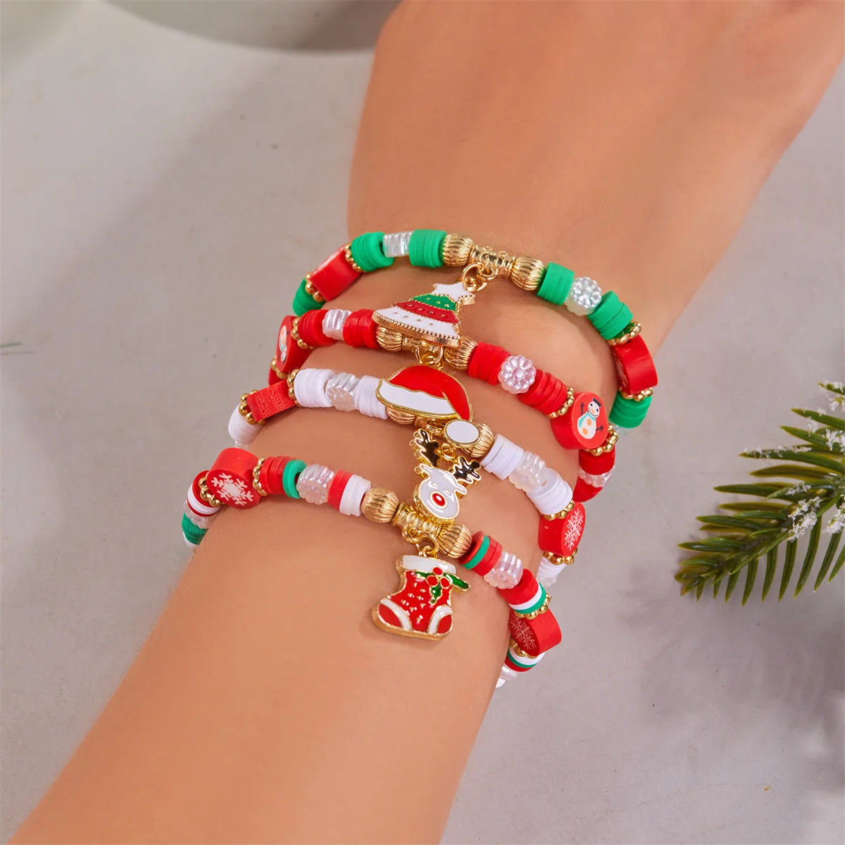 4pcs Merry Christmas Tree Santa Claus Deer Crystal Polymer Clay Beads Woven Women Bracelet Jewelry