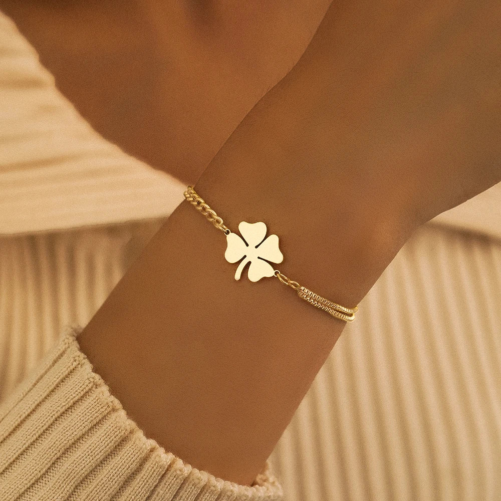 Classic Gold Silver Lucky Clovers Pendant Charm Hip Hop Women Bracelet Chain Jewelry Fall Gift