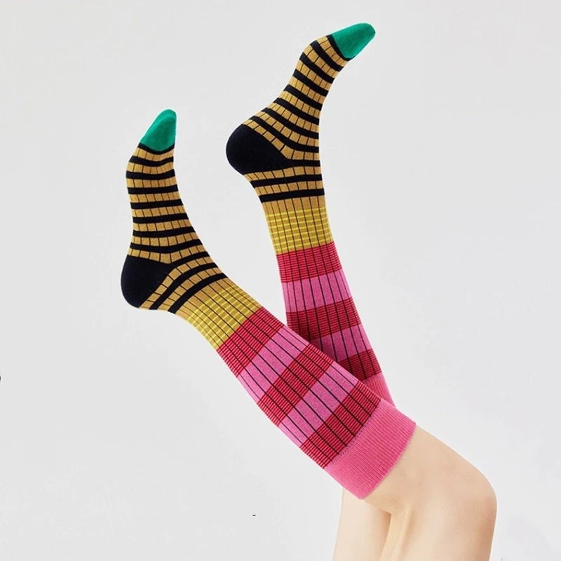 Autumn Winter Gradient Striped Colorful Retro Cotton Women High Tube Soft Sport Casual Calf Socks