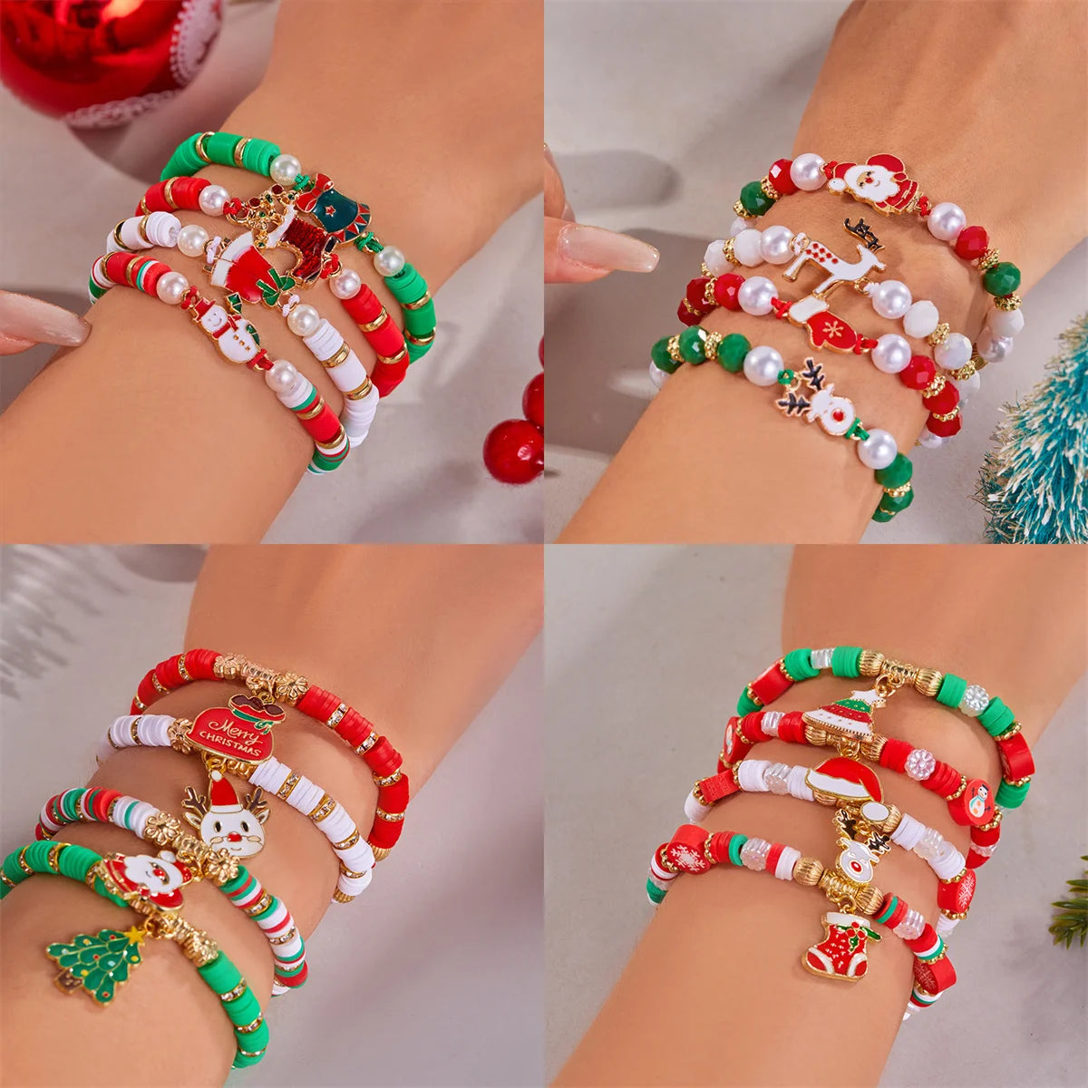 4pcs Merry Christmas Tree Santa Claus Deer Crystal Polymer Clay Beads Woven Women Bracelet Jewelry