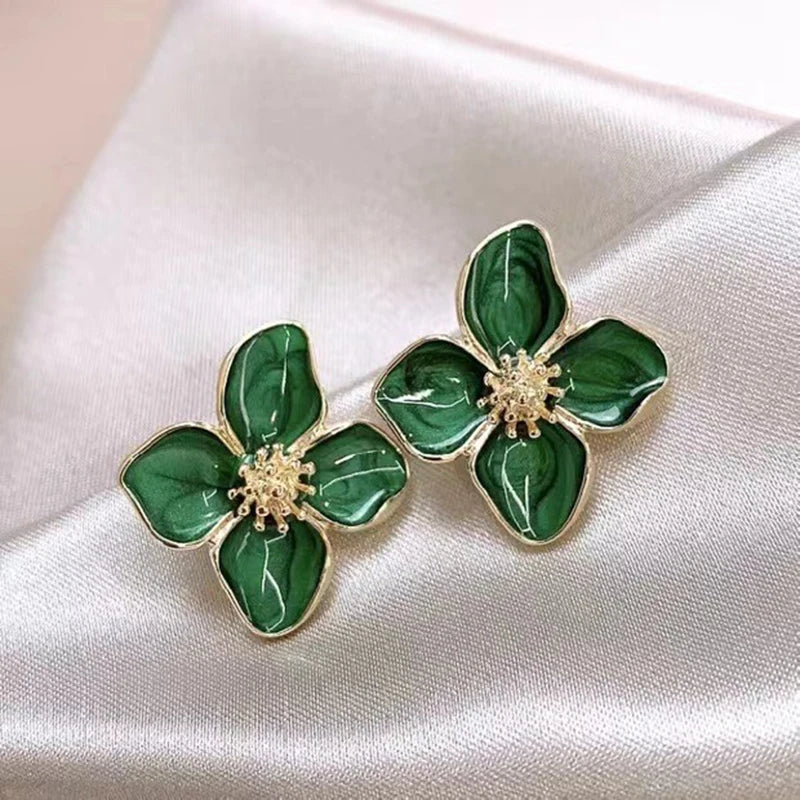 Hibiscus Dropped Glaze Flower Stud French Vintage Fashion Korean Gold Women Earrings Jewelry Gifts