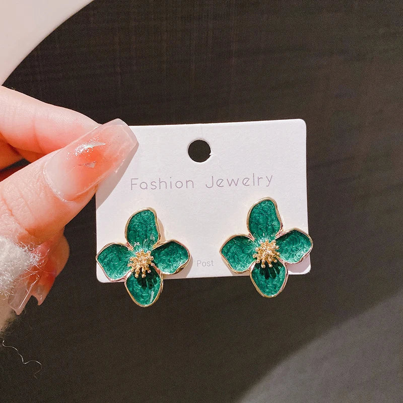 Hibiscus Dropped Glaze Flower Stud French Vintage Fashion Korean Gold Women Earrings Jewelry Gifts