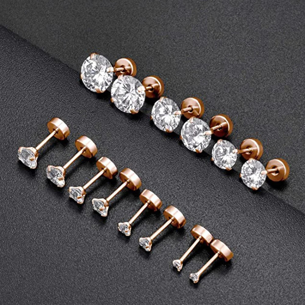 New Crystal Screw Back Stud Flat Punk Cool Clear Cubic Zirconia Tiny Piercing Women Men Earrings