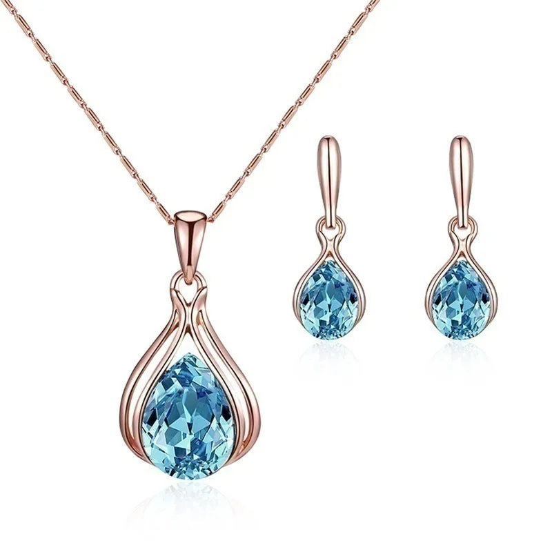 Fashion European American Zhihai Creative Geometric Blue Green Water Drop Women Earring Necklace Set