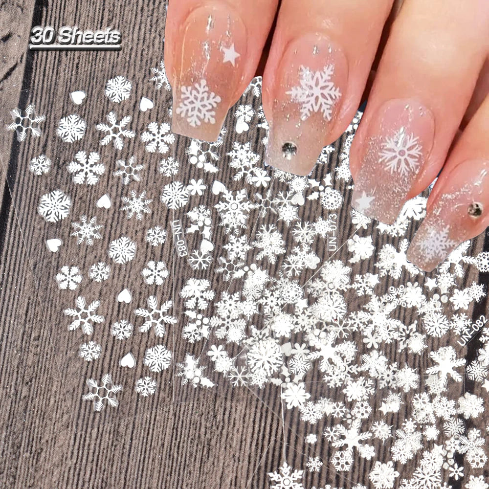 30 Sheets Christmas Nail Art Stickers Self Adhesive 3D White Snowflake Nail Decals Manicure Stickers