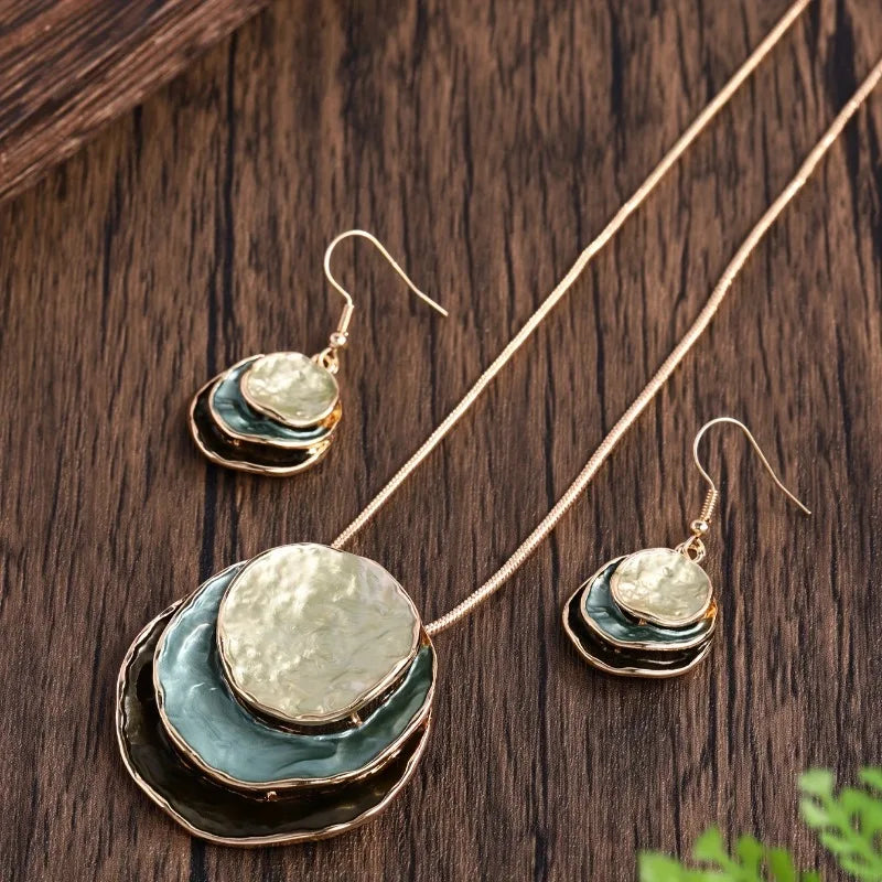 New Vintage Irregular Earring Necklace Circular Pendants Layered Aesthetic Women Jewelry Set Gift