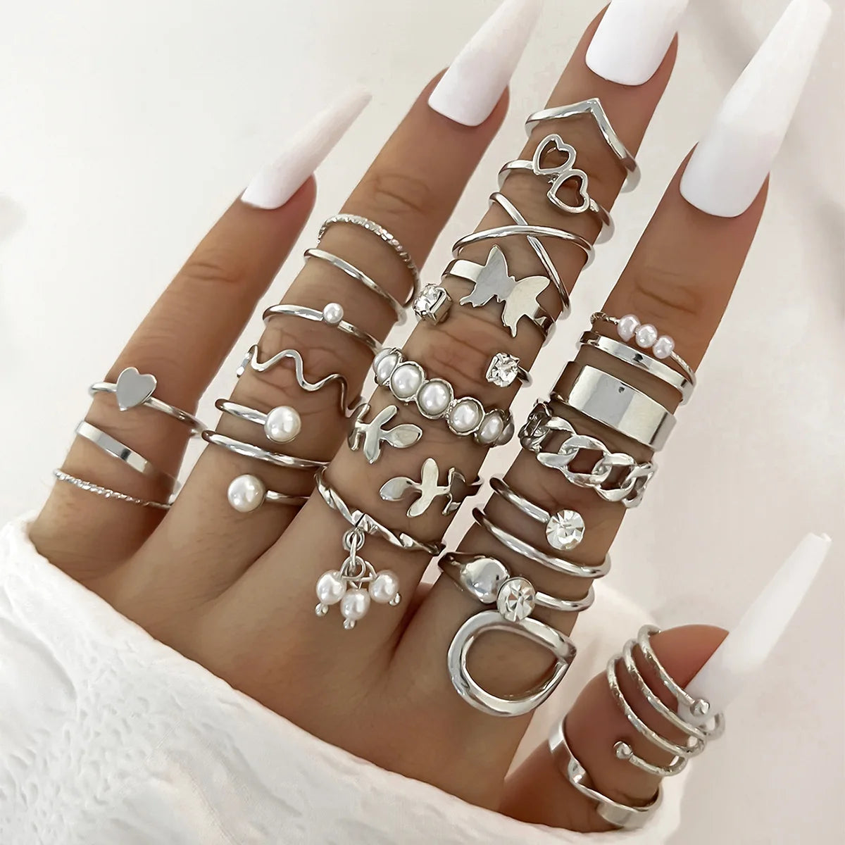 Fashion Simple Wave Joint Crystal Heart Shape Gold Silver Female Women Rings Set Party Jewelry Gifts