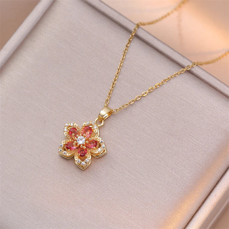 Exquisite Rotating Flower Shiny Zircon Pendant Charm Gold Clavicle Women Chain Choker Necklace Gifts