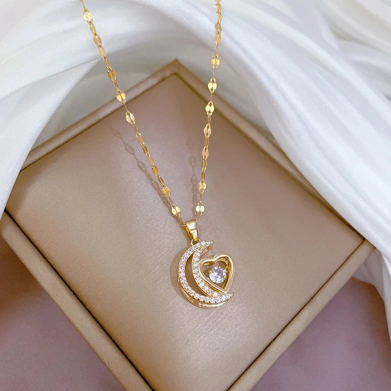 Gold Heart Moon Pendant Shiny Zircon Planet Water Drop Clavicle Choker Women Necklace Jewelry Gifts