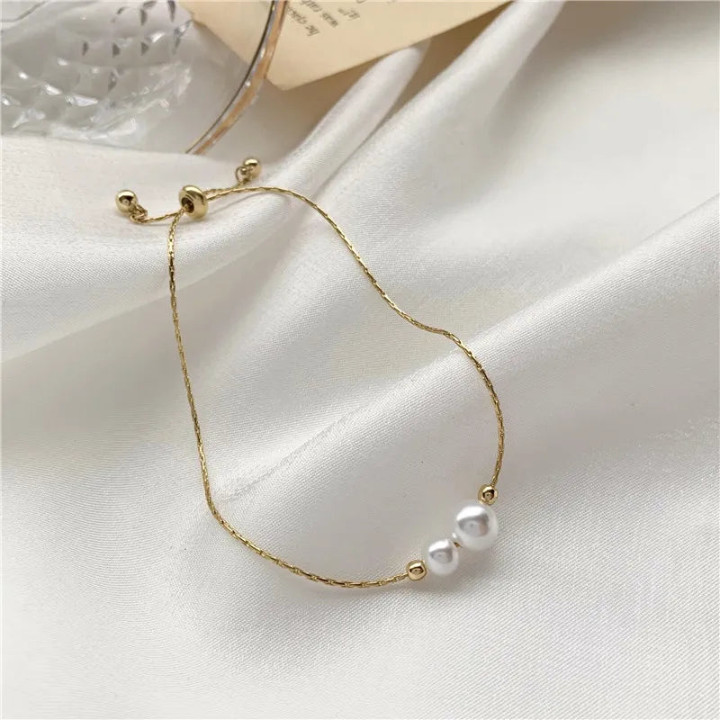 Elegant Pearl Pendent Women Girls Simple Stainless Steel Chain Adjustable Bracelets Fall Jewelry