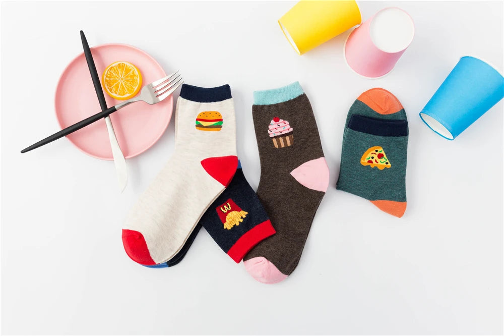 New Women Cartoon Burger Fries Pizza Cola Ice Cream Cake Patterned Funny Unisex Socks Christmas Gift