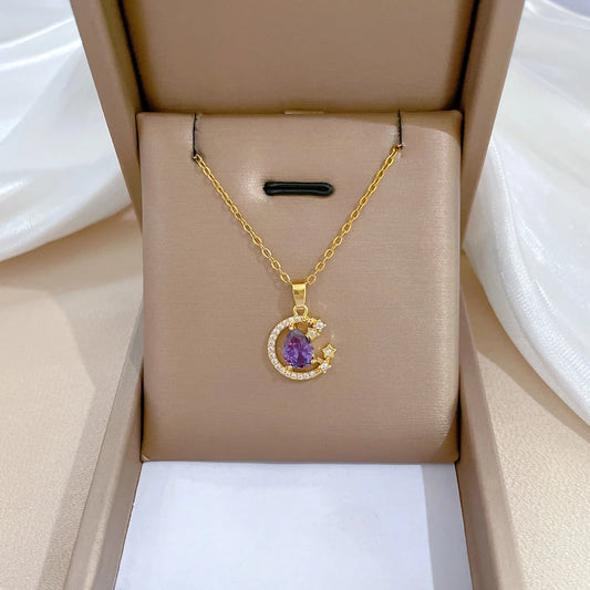 Gold Heart Moon Pendant Shiny Zircon Planet Water Drop Clavicle Choker Women Necklace Jewelry Gifts