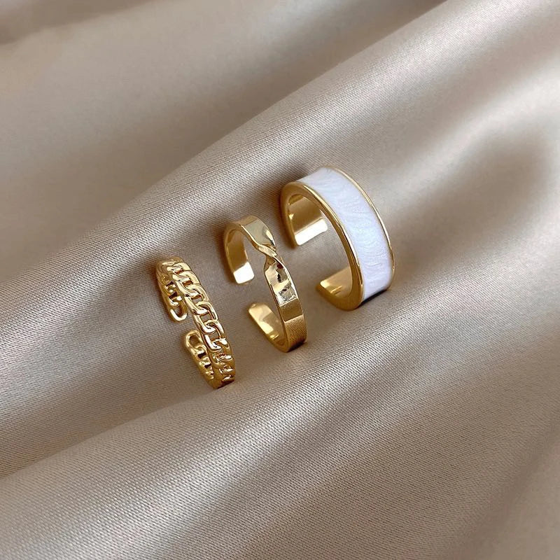 3pcs/Set Bohemian White Enamel Round Geometric Twist Open Adjustable Women Ring Sets Jewelry Gifts