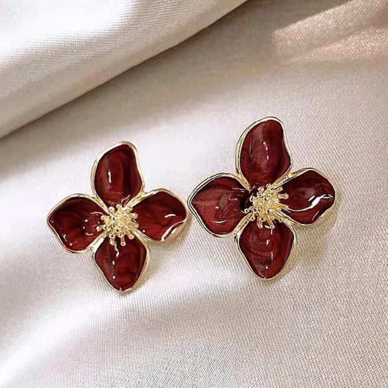 Hibiscus Dropped Glaze Flower Stud French Vintage Fashion Korean Gold Women Earrings Jewelry Gifts