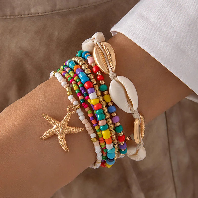 7pcs/Set Bohemia Shell Starfish Sand Beach Measle Multilayer Women Bracelet Set Jewelry Gift