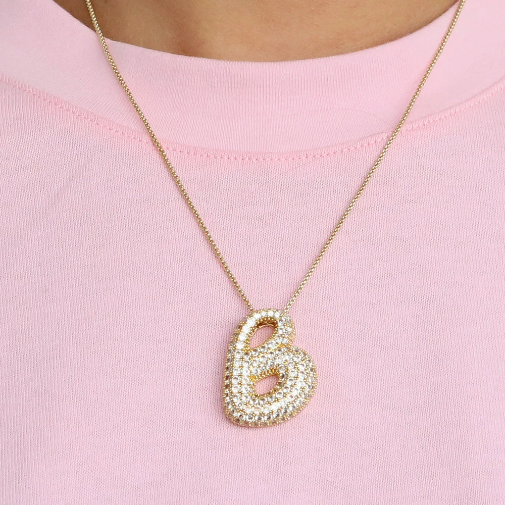 Sparkly Zircon A-Z Letter Initial Women Box Chain Gold Balloon Bubble Pendant Necklace Fall Jewelry