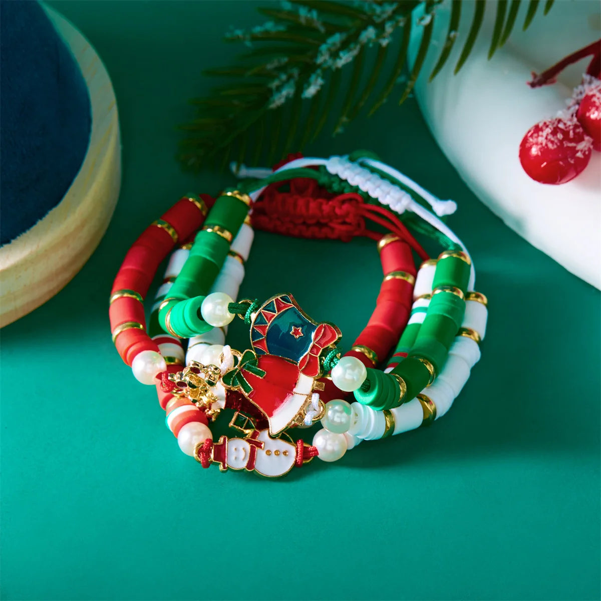4pcs Merry Christmas Tree Santa Claus Deer Crystal Polymer Clay Beads Woven Women Bracelet Jewelry