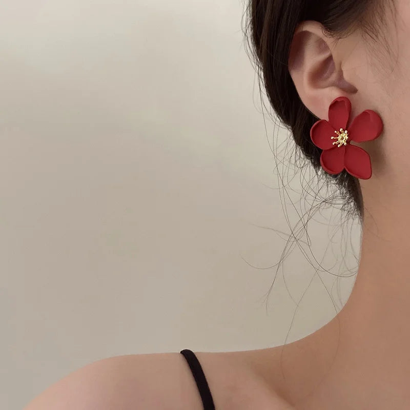 Vintage Fashion Gold Red Matte Texture Metal Flower Women Earrings Jewelry Gifts