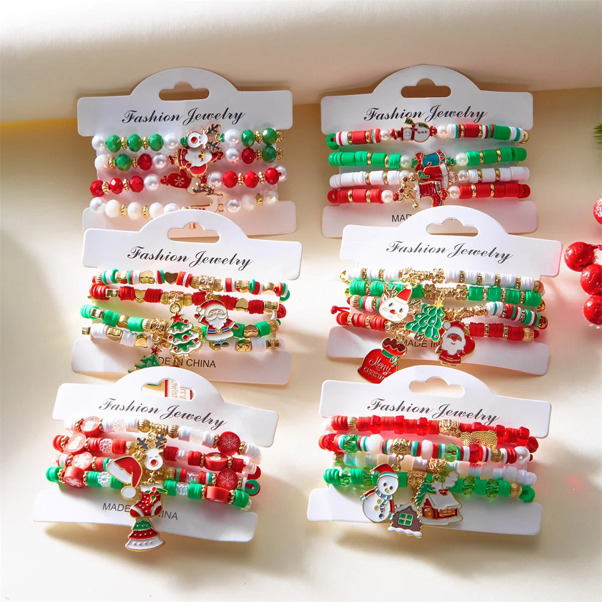 4pcs Merry Christmas Tree Santa Claus Deer Crystal Polymer Clay Beads Woven Women Bracelet Jewelry