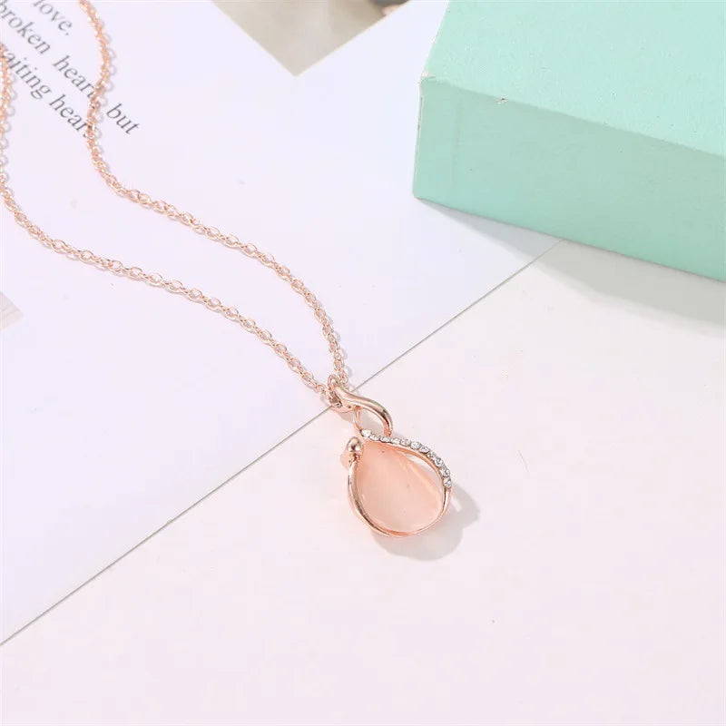 Women Elegant Waterdrop Rhinestone Pendant Necklace Hook Earrings Gold Jewelry Set Gift