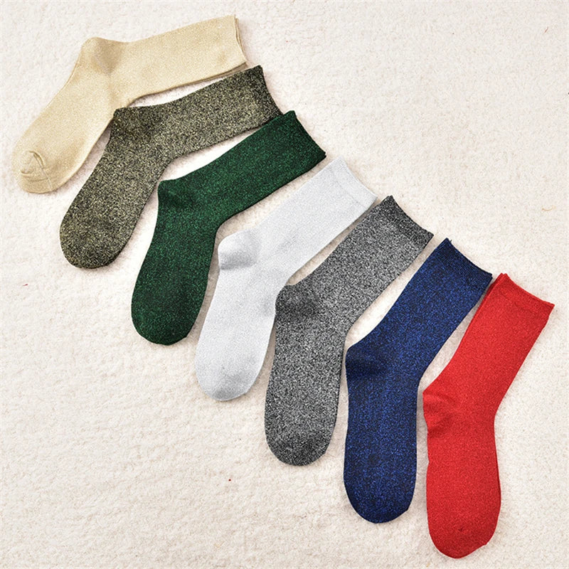 Women Style Gold Silver Silk Material Glitter Tube Solid Color Shiny High Elastic Christmas Socks