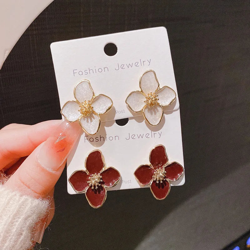 Hibiscus Dropped Glaze Flower Stud French Vintage Fashion Korean Gold Women Earrings Jewelry Gifts