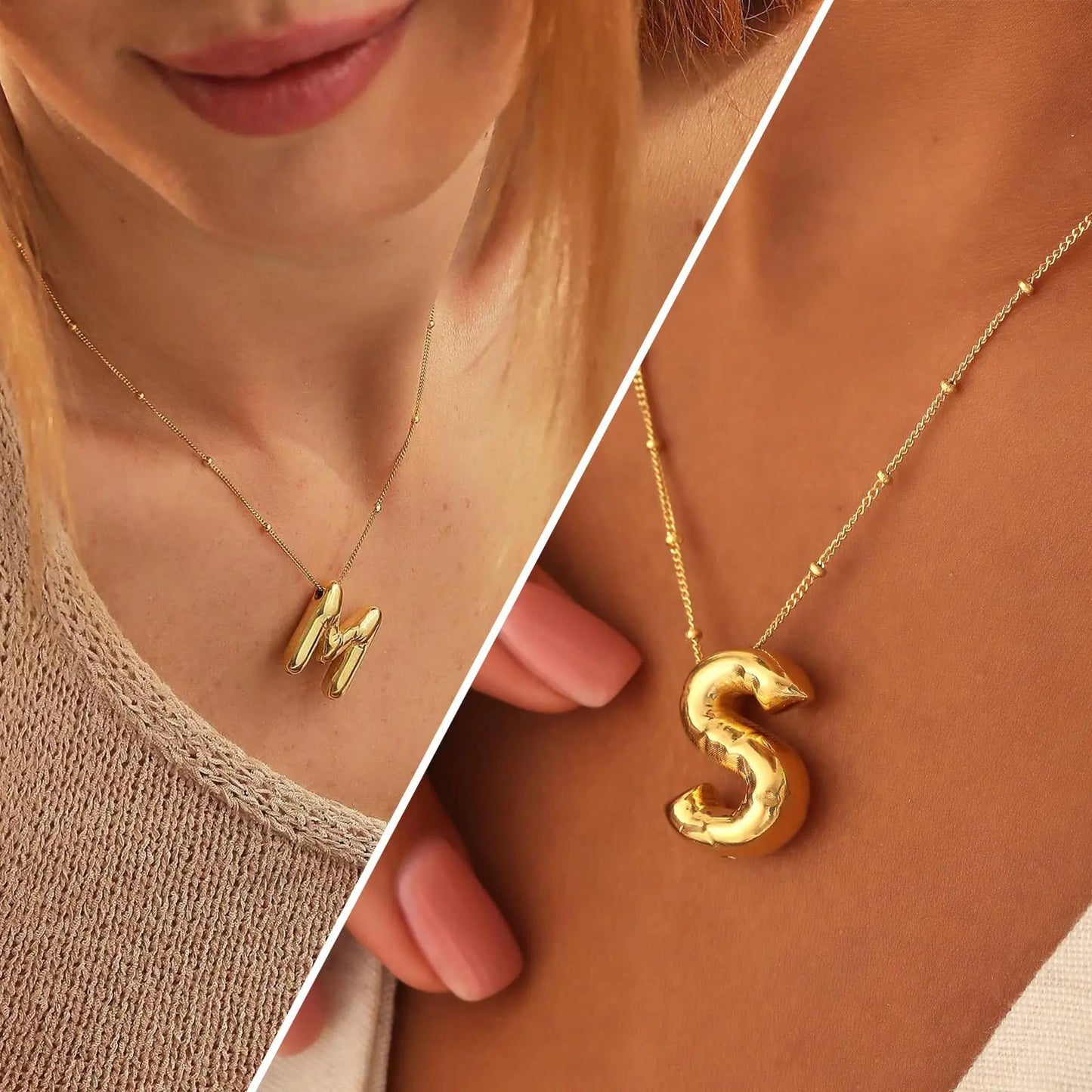 Delicate Chunky Alphabet Balloon Bubble Initial Letter Pendant Women Gold Stainless Steel Necklaces